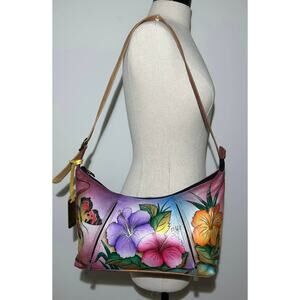 Anuschka Hand Painted Leather Butterflies & Hibiscus U Top Hobo Purse Handbag